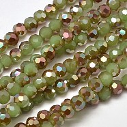 Faceted(32 Facets) Round Half Rainbow Plated Imitation Jade Electroplate Glass Beads Strands, Light Green, 4mm, Hole: 1mm, about 100pcs/strand, 14.9 inch(EGLA-J130-HR02)