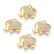 Brass Micro Pave Cubic Zirconia Charms, Real 18K Gold Plated, Elephant, Clear, 11x11.5x1mm, Hole: 1.4mm(X-ZIRC-K082-034A)