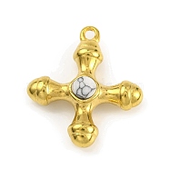 Natural Howlite & 304 Stainless Steel Cross Pendants, Golden, 23x20x6mm, Hole: 1.6mm(STAS-H221-01G-05)