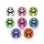 Transparent Acrylic Beads, with Glitter Powder, Flat Round with Black Enamel Smile Face, Mixed Color, 10x5mm, Hole: 2mm(X-MACR-N008-55-A)