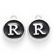 Platinum Plated Alloy Charms, Cadmium Free & Lead Free, with Enamel, Enamelled Sequins, Flat Round with Letter, Letter.R, 14x12x2mm, Hole: 1.5mm(X-ENAM-S118-02R-P)