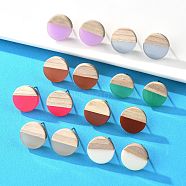 Resin & Wood Stud Earrings, with 304 Stainless Steel Pin, Flat Round, Mixed Color, 15mm, Pin: 0.7mm(EJEW-N017-003A)