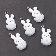 Opaque Resin Pendants, with Platinum Tone Iron Loops, Easter Theme, Rabbit with Eggshell, White, 32.5x15.5x5mm, Hole: 2mm(RESI-F030-19)