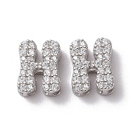 925 Sterling Silver Micro Pave Cubic Zirconia Beads, Real Platinum Plated, Letter H, 9x7x3.5mm, Hole: 2.5x1.5mm(STER-Z005-15P-H)