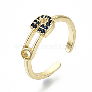 Brass Micro Pave Cubic Zirconia Cuff Rings, Open Rings, Cadmium Free & Nickel Free & Lead Free, Safety Pin Shape, Real 16K Gold Plated, Marine Blue, US Size 6 3/4, 17mm(RJEW-S045-024G-B-NR)
