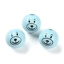 Spray Painted Natural Wood European Beads, Large Hole Beads, Round with Printed Bear , Aqua, 25mm, Hole: 6mm, about 100pcs/500g(WOOD-D024-01C)
