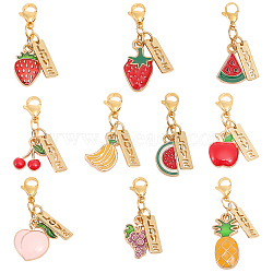 Fruit Theme Alloy Enamel Pendant Decorations, with Brass Word Love Charm & 304 Stainless Steel Lobster Claw Clasps, Clip-on Charms, Mixed Color, 31~41mm, 10 styles, 1pc/style, 10pcs/box(HJEW-CA0001-44)