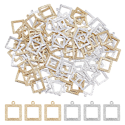 100Pcs 2 Colors Brass Pendants, Textured, Rectangle Charm, Mixed Color, 12x10x0.5mm, Hole: 1mm, 50pcs/color(KK-DC0003-09)