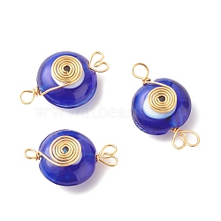 Handmade Lampwork Chandelier Component Links, with Copper Wire Findings, Flat Round with Evil Eye, Dark Blue, 25x16x9mm, Hole: 3mm(PALLOY-JF01331)
