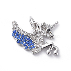 Brass Micro Pave Cubic Zirconia Pendants, Long-Lasting Plated, Unicorn, Blue and Clear, Real Platinum Plated, 13x20x2mm, Hole: 3.6mm(ZIRC-G160-29P)