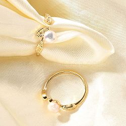 Round Natural Pearl Finger Rings, Leaf Brass Cuff Rings for Women, Real 14K Gold Plated, US Size 7 1/4(17.5mm)(RJEW-P113-24G)