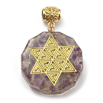 Natural Amethyst European Dangle Polygon Charms, Large Hole Pendant with Golden Plated Alloy Star Slice, 53mm, Hole: 5mm, Pendant: 39x35x11mm