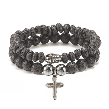 2Pcs 2 Style Natural Lava Rock & Synthetic Hematite Stretch Bracelets Set with 304 Stainless Steel Buddhist Head & Cross, Essential Oil Gemstone Jewelry for Women, Antique Silver, Inner Diameter: 1-7/8~2 inch(4.7~5.2cm), 1Pc/style