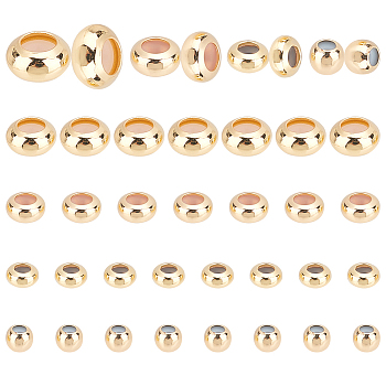 Elite 48Pcs 4 Style Brass Beads, with Silicone inside, Slider Beads, Stopper Beads, Long-Lasting Plated, Rondelle, Real 14K Gold Plated, 4~7.5x2.5~4mm, Hole: 0.8~1.4mm, 12pcs/style