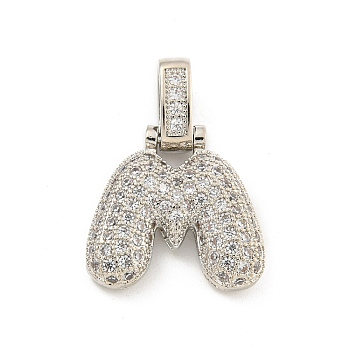 Brass Micro Pave Clear Cubic Zirconia Pendants, Platinum, Letter M, 31x25x5mm, Hole: 3x6mm