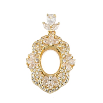 Flower Brass Micro Pave Clear Cubic Zirconia Pendant Cabochon Settings, Real 18K Gold Plated, Tray: 15x10.5mm, 46x27.5x9.5mm, Hole: 7.5x4mm