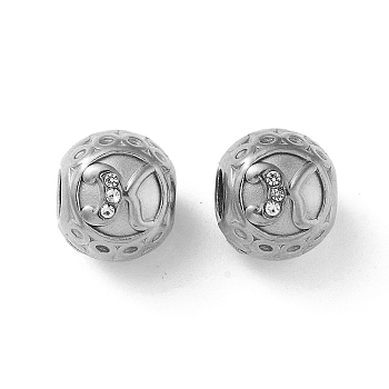 304 Stainless Steel Rhinestone European Beads, Round Large Hole Beads, Real 18K Gold Plated, Round with Letter, Letter K, 11x10mm, Hole: 4mm