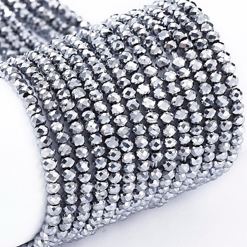 Electroplate Glass Beads Strands, Full Plated, Faceted, Rondelle, Platinum Plated, 2x1.5mm, Hole: 0.6mm, about 220~230pcs/Strand, 13.78~14.17 inch(35~36cm)