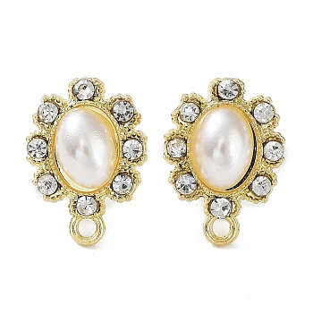 Rack Plating Alloy Rhinestone Stud Earring Finds, with ABS Plastic Imitation Pearl, with Horizontal Loop, Oval, Golden, 16x12mm, Hole: 1.6mm, Pin: 0.7mm