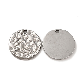 304 Stainless Steel Pendants, Textured, Flat Round Charm, Stainless Steel Color, 20.5x2mm, Hole: 2mm