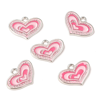 Pink Alloy Enamel Heart Charm Pendants Great for Mother's Day Gifts Making, Platinum, about 14.5mm wide, 19.5mm long, 2mm thick, hole: 2.5mm
