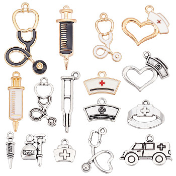 72Pcs 16 Style Alloy Pendants, Hospital Theme, Antique Silver & Golden, 72pcs/box