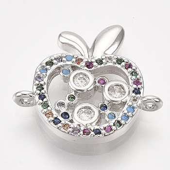 Brass Micro Pave Cubic Zirconia Links, Apple, Colorful, Platinum, 17.5x19x2.5mm, Hole: 1mm