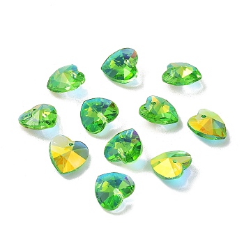 Electroplate Glass Charms, AB Color Plated, Faceted Heart, Lime, 14x14x7mm, Hole: 1.6mm