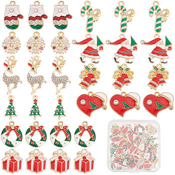 40Pcs 10 Style Alloy Enamel Pendants, with Crystal Rhinestone, Christmas, Cadmium Free & Lead Free, Light Gold, Reindeer/Stag & Snowflake & Bell & Candy Cane, Mixed Color, 15.5~29x9~21x2.5~5mm, Hole: 1~1.8mm, 4pcs/style