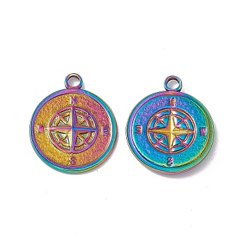 Ion Plating(IP) 304 Stainless Steel Pendants, Flat Round with Compass, Rainbow Color, 19x16x1.5mm, Hole: 2.2mm
