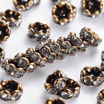 Rack Plating Brass Beads, with A Rhinestone, Wave Side, Cadmium Free & Lead Free, Antique Bronze, 6x3mm, Hole: 1.5mm