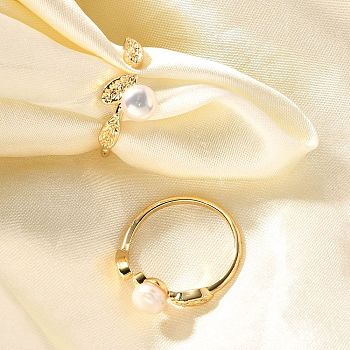 Round Natural Pearl Finger Rings, Leaf Brass Cuff Rings for Women, Real 14K Gold Plated, US Size 7 1/4(17.5mm)