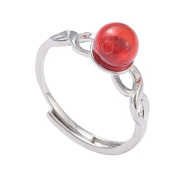 (Jewelry Parties Factory Sale)Adjustable Brass Finger Rings, with Lampwork Beads, Round, Platinum, Red, Size 6, Inner Diameter: 17mm