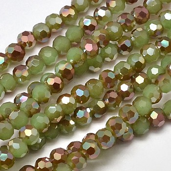 Faceted(32 Facets) Round Half Rainbow Plated Imitation Jade Electroplate Glass Beads Strands, Light Green, 4mm, Hole: 1mm, about 100pcs/strand, 14.9 inch