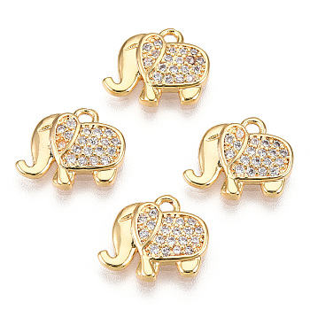 Brass Micro Pave Cubic Zirconia Charms, Real 18K Gold Plated, Elephant, Clear, 11x11.5x1mm, Hole: 1.4mm