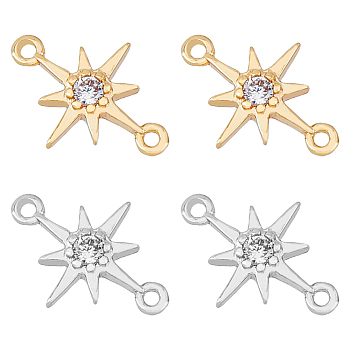 20Pcs 2 Colors Brass Clesr Cubic Zirconia Connector Charms, Long-Lasting Plated, Star, Real Gold Plated & Real Platinum Plated, 11.5x8.5x1.8mm, Hole: 0.8mm, 10pcs/color