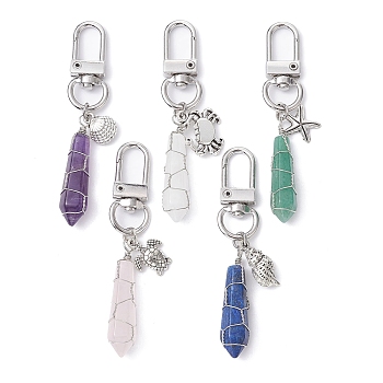 Wire Wrapped Bullet Naturl Gemstone Pendant Decoraiton, with Alloy Mixed Shapes Pendants and Swivel Clasps, 71~74mm