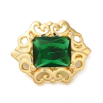 Brass with Glass Fold Over Clasps, Hexagon, Green, Real 18K Gold Plated, 17x21x9mm