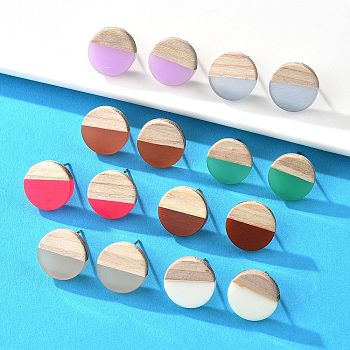 Resin & Wood Stud Earrings, with 304 Stainless Steel Pin, Flat Round, Mixed Color, 15mm, Pin: 0.7mm