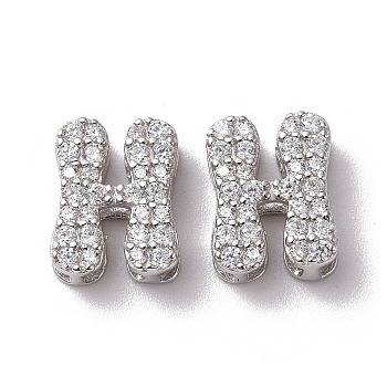 925 Sterling Silver Micro Pave Cubic Zirconia Beads, Real Platinum Plated, Letter H, 9x7x3.5mm, Hole: 2.5x1.5mm
