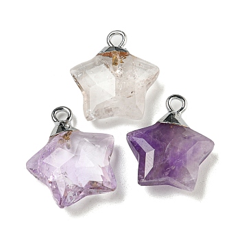 Natural Amethyst Pendants, with Rack Plating Brass Findings, Star, 18x15x6mm, Hole: 2mm