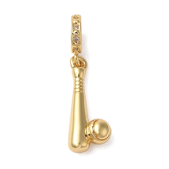 Rack Plating Brass Micro Pave Clear Cubic Zirconia European Dangle Charms, Baseball Bat & Ball Large Hole Charms, Cadmium Free & Lead Free, Long-Lasting Plated, Real 18K Gold Plated, 28mm, Hole: 4.5mm