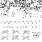 10 Pairs 304 Stainless Steel Bowknot Stud Earring Findings, with Loop, with 20Pcs Ear Nut and 30Pcs Jump Rings, Stainless Steel Color, 10x15mm, Hole: 1.2mm, Pin: 0.7mm(STAS-TA0006-33)