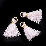Polycotton(Polyester Cotton) Tassel Pendant Decorations, Mini Tassel, with Iron Findings and Metallic Cord, Light Gold, Lavender Blush, 10~15x2~3mm, Hole: 1.5mm(X-FIND-S281-38)