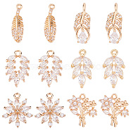 12Pcs 6 Style Brass Micro Pave Cubic Zirconia Pendants, Long-Lasting Plated, Light Gold, Leaf & Flower & Feather, Clear, 17~20x5~15x2.5~4mm, Hole: 1~1.8mm, 2pcs/style(KK-SC0003-15)