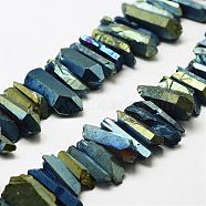 Electroplated Natural Quartz Crystal Beads Strands, Nuggets, Tusk Shape, Green Plated, Dyed, Dark Slate Gray, 7~15x18~60mm, Hole: 1mm, about 46pcs/strand, 16 inch(G-A142-03N)