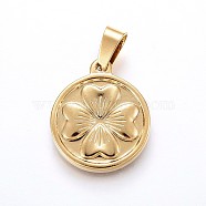 304 Stainless Steel Pendants, Flat Round with Flower, Golden, 21x18x2.5mm, Hole: 7x4mm(STAS-H458-21G)