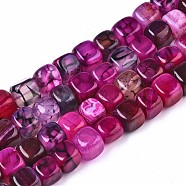 Natural Dragon Veins Agate Beads Strands,  Dyed & Heated, Cube, Fuchsia, 7~8x7~8x7~8mm, Hole: 0.8mm, about 50~51pcs/strand, 14.37 inch(36.5cm)(G-S359-229E)