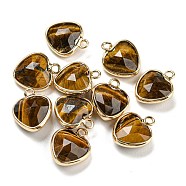 Natural Tiger Eye Faceted Heart Charms, with Golden Tone Brass Edge, 13.5x11x5mm, Hole: 1.6mm(G-Q006-07G-08)