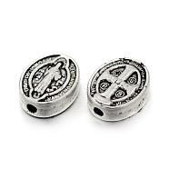 Tibetan Style Alloy Oval Beads, with Jesus and Cross, For Easter, Lead Free & Cadmium Free, Antique Silver, 10x8x3mm, Hole: 1mm(TIBEB-E072-03AS-RS)
